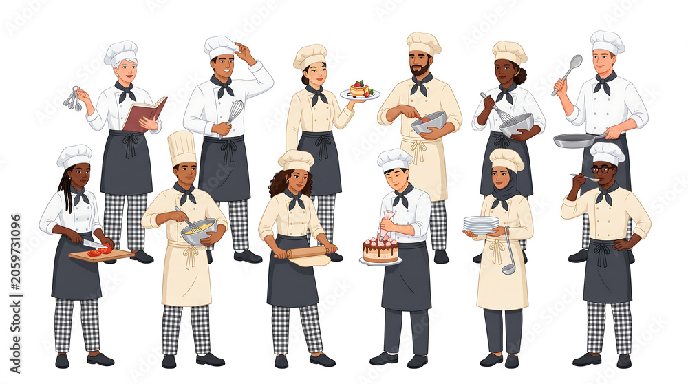 Obraz premium Set of Multiracial Culinary Students with Chef Gear and Kitchen Tools Vector Art on White
