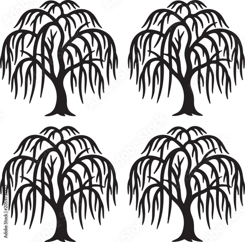 Four black silhouette weeping willow trees with cascading branches against a white background, arranged in a 2x2 grid