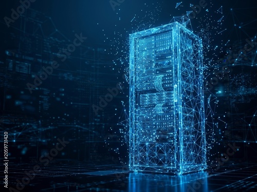 A futuristic server in a digital network environment emits glowing blue data streams and lines.