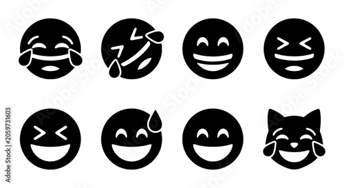 Laughing Emoji Icons, Joyful Faces, Happy Expressions, Set of 8 Vector Graphics