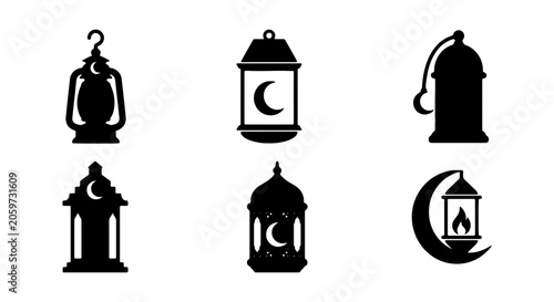 Ramadan Lantern Icons, Islamic Crescent Moon Symbols, Festive Arabic Illumination Vector Set