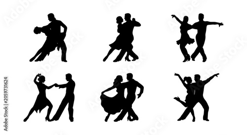 Ballroom Dance Silhouettes, Couple Dancing Poses, Elegant Movement Vector Set