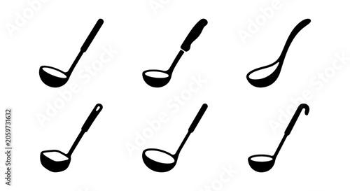 Six Ladle Icons, Kitchen Utensil Silhouettes, Cooking Spoon Vector Set, Food Service Tools