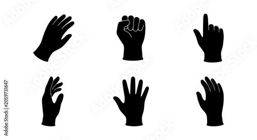 Black Glove Hand Gestures Set, Vector Icons for Communication and Action