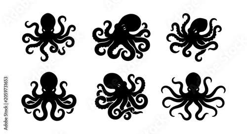Six Black Octopus Silhouettes, Marine Life Vector Icons, Underwater Creature Graphics