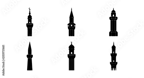 Islamic Minaret Silhouettes, Mosque Tower Icons, Architectural Landmark Vector Set