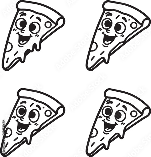 Four cartoon slices of pizza with happy faces, dripping cheese, and black outlines on a white background