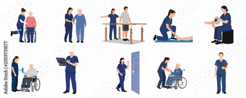 Flat vector set of medical professionals providing care and rehabilitation to elderly and patients. Physiotherapy, nursing care, and geriatric support illustrations isolated on white.