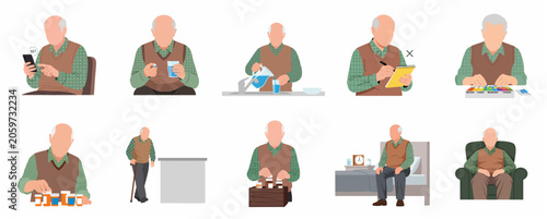 Elderly Man Managing Medication and Daily Routine Illustration Set. Vector Illustration of Senior Health Care, Pill Organizers, and Memory Support Activities for Grandfather.