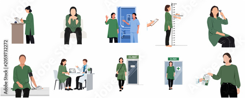 Medical Patient Journey Illustration Set of a Woman Visiting Clinic for Health Checkup and Doctor Consultation