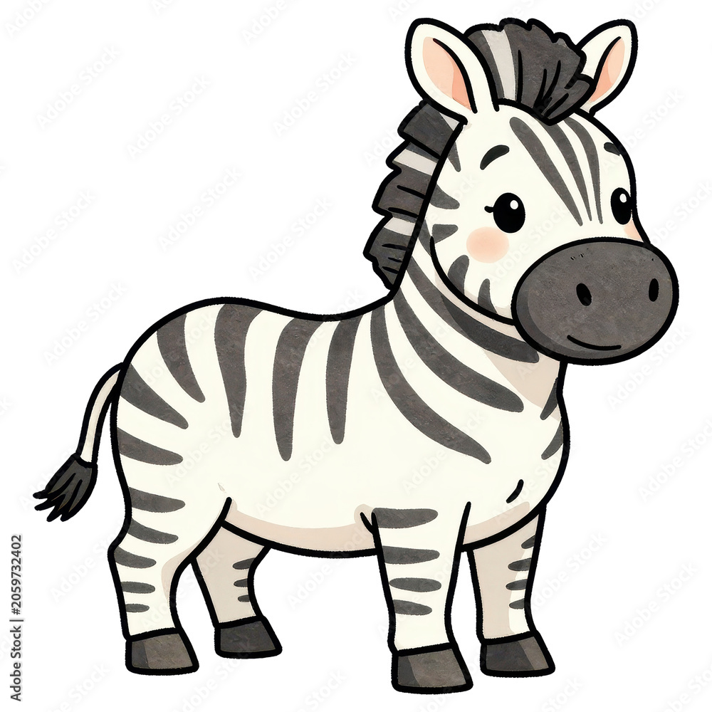 Obraz premium Cute Zebra Illustration: A charming cartoon illustration of a zebra, showcasing its iconic black and white stripes and friendly expression.