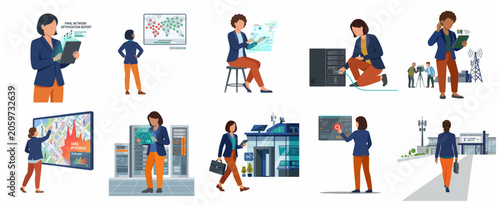 Set of female network engineers working on 5G infrastructure, data center servers, and telecommunications optimization in a flat vector style