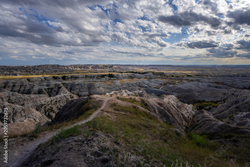 Badlands Canyon Landscape Under Dramatic Cloudy Sky in Badlands NP, South Dakota