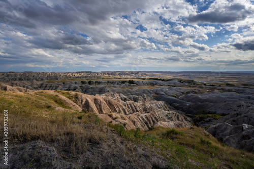 Badlands Canyon Landscape Under Dramatic Cloudy Sky in Badlands NP, South Dakota