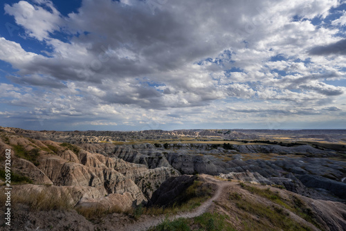 Badlands Canyon Landscape Under Dramatic Cloudy Sky in Badlands NP, South Dakota