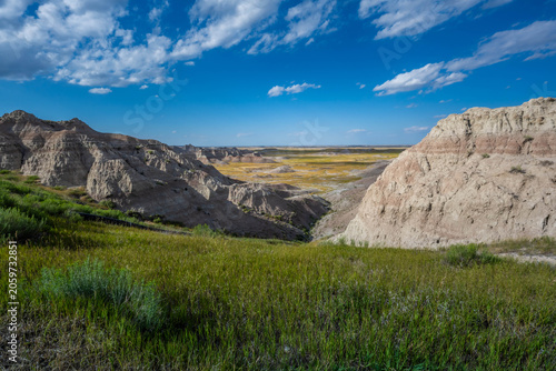 Badlands Canyon Landscape Under Dramatic Cloudy Sky in Badlands NP, South Dakota