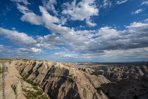 Badlands Canyon Landscape Under Dramatic Cloudy Sky in Badlands NP, South Dakota