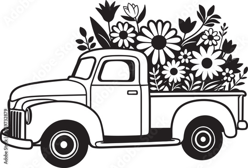 Black and white silhouette of a vintage pickup truck overflowing with stylized flowers and leaves