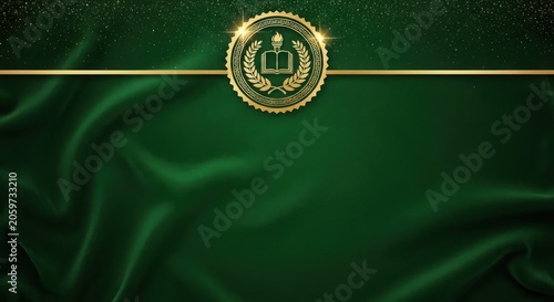 Luxury green silk background with golden emblem, diploma or certificate template, elegant fabric texture with copy space for text, premium award design