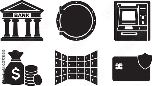 Collection of black representing banking and financial security bank building, vault door, atm, money bag, safe deposit boxes, and credit card with shield