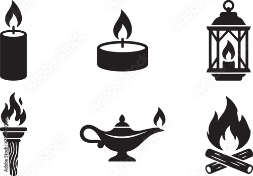 Collection of six black silhouette representing different light sources: candle, tea light, lantern, torch, oil lamp, and campfire