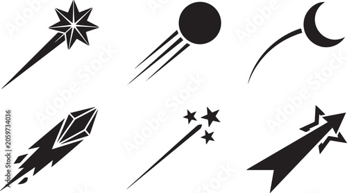 Collection of six stylized black representing celestial bodies and abstract motion, on a white background