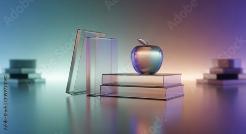 3d render of a glass apple resting on a stack of transparent books, surrounded by abstract book shapes in a soft gradient studio lighting environment
