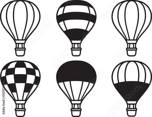 Six black and white hot air balloon with varied patterns and isolated on a white background transport