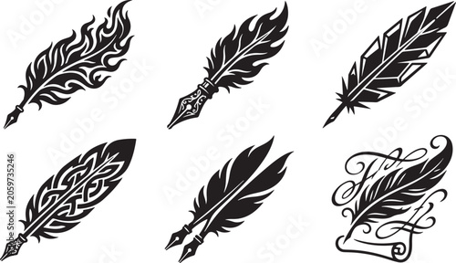 Six black stylized quill pens with decorative arranged in two rows on a white background, feather writing