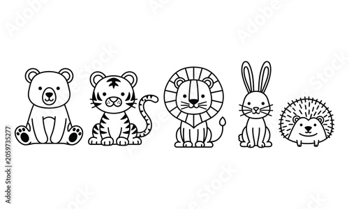 Canvas Print Cute safari animals cartoon vector illustration, jungle animal set with outline design