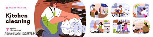 Kitchen cleaning, house work and cleanup service set. People doing housework,...