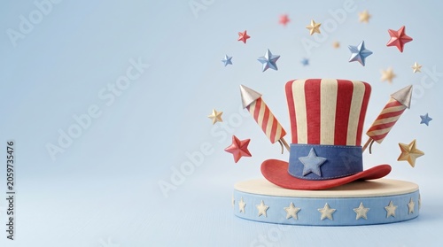 Red, white, and blue striped top hat with stars and fireworks on a circular platform, celebrating Independence Day with festive decorations and a light blue background