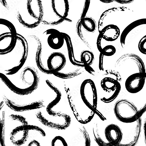 Seamless pattern with brush paint wavy and curly lines. Trendy black swirled  brush stroke shapes. Great for textile, fabric, wallpaper, wrapping, scrapbook and packaging
