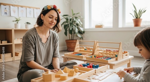 A montessori teacher sitting on the floor with a young child, engaging in educational activities with wooden geometric shapes and counting materials