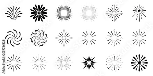 Black fireworks burst icon set, festive celebration sparkle collection