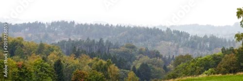 Panel kuchenny z motywem panorama landscape of forest tree hills and mountains in autumn. far away foggy trees landscape isolated on white or transparent png