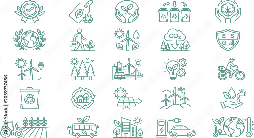 Fototapeta premium Eco-friendly lifestyle icons in a clean vector illustration on a white background for sustainability themes