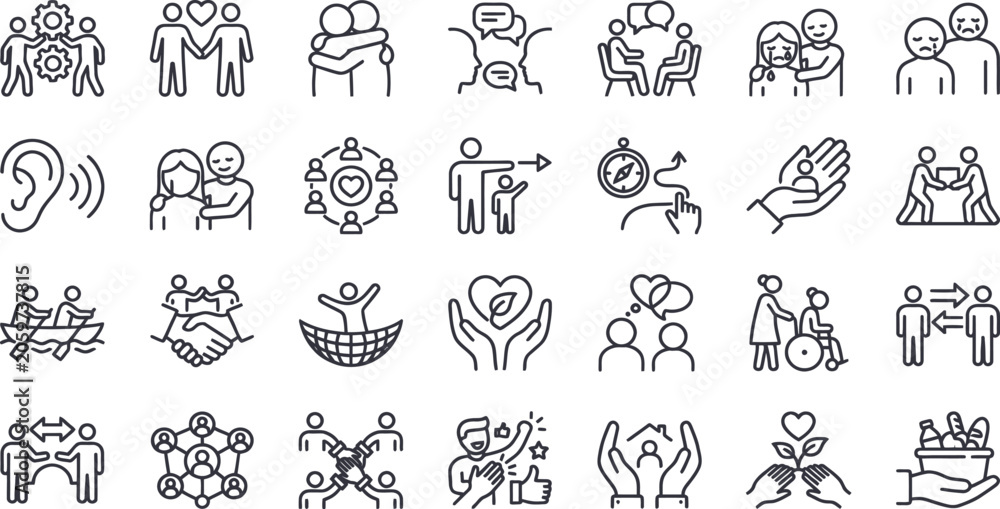 Obraz premium Human connection icons with diverse relationship concepts in a clean vector illustration style