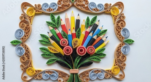 Quilling art bouquet of colorful pencils with decorative frame isolated on white background