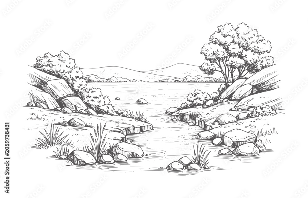 Obraz premium Black and white of a rocky riverbank with trees and distant hills rocks