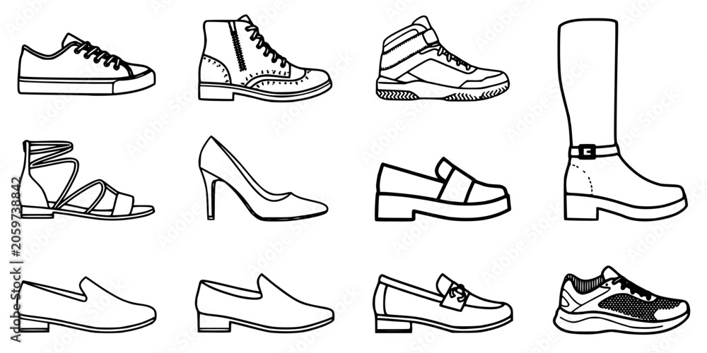 Fototapeta premium Shoes Featuring Various Styles and Designs in Black and White Vector Illustration Featuring Footwear, Sneakers, Boots with Sandals and Heels Elements