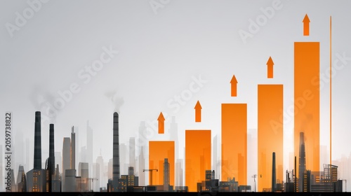Industrial skyline blends with rising orange bars