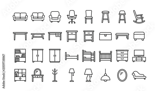 Tableau sur toile Thin Line Furniture and Interior Icon Set with Cafe Bed Office Chair Restaurant
