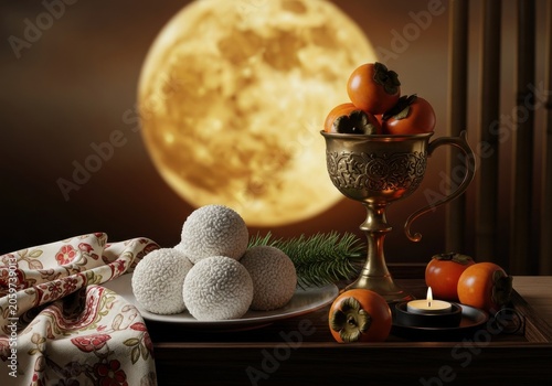Mid-Autumn Festival food and persimmons arranged on a table with a full moon background for Asian cultural celebration and reunion