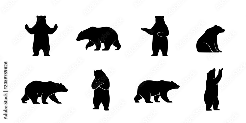 Fototapeta premium Bears in Various Standing and Sitting Poses as Black Silhouettes Featuring Wildlife, Animals, Nature with Forest and Wildlife Art Elements for Bear