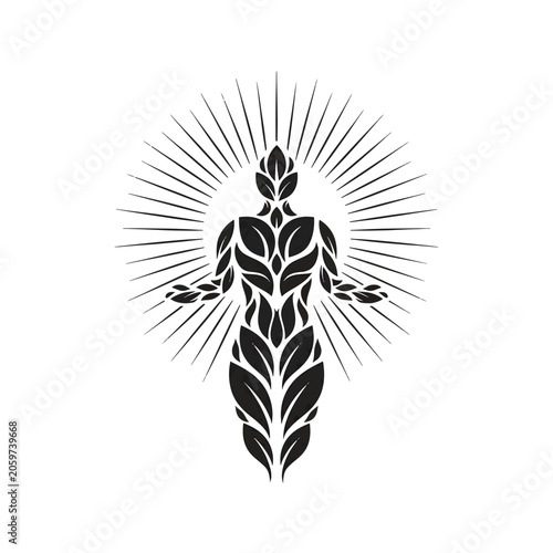 Symmetrical black vector silhouette of an abstract human figure composed of organic leaf patterns and foliage, featuring a radiating sunburst halo on a clean white background illustration.