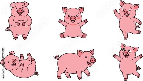 Obraz na plátně Cute pink pig cartoon character vector collection set featuring funny farm anima