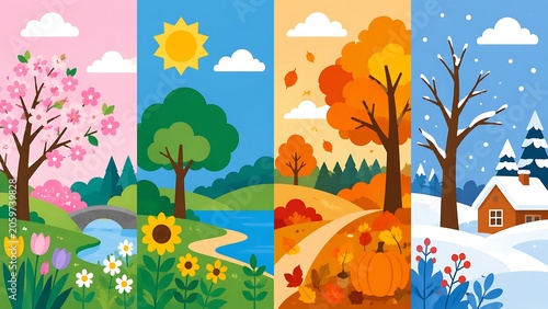 Four Seasons Educational Mural Showing Spring Summer Autumn And Winter