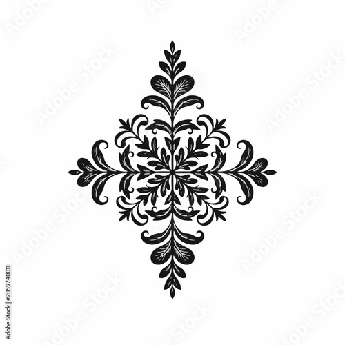Symmetrical black floral ornament vector illustration on white background. Elegant damask style filigree motif with leafy scrolls and cross-shaped heraldic design elements.