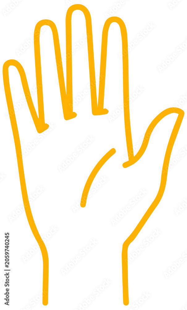 Fototapeta premium Minimalist Amber outline open human hand icon showing palm and fingers, simple hand drawn style gesture for greeting stop voting or helping isolated on transparent PNG background